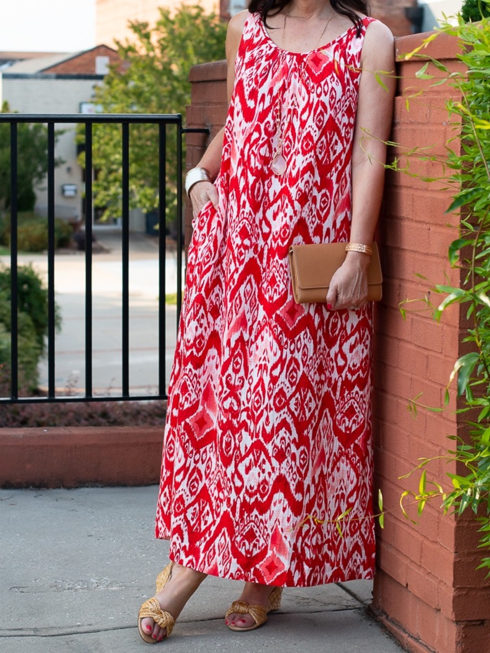 Chico’s Red White Ikat Maxi Dress Sleeveless Pockets Size 2 (12) Boho‎ Flowy